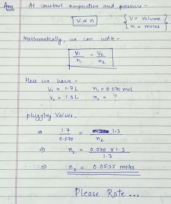At coustaut tkmpeatiue and au Ams VVolume Vdn n= moles Mathamaticall can we Vz 2 Hew ur hawe- लने I.71 V .3L plugzing Yalues,