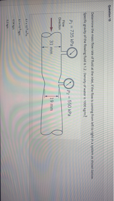 Question 15 Determine the mass flow rate of fluid at the inlet, if the flow is coming from left to right in a system as shown