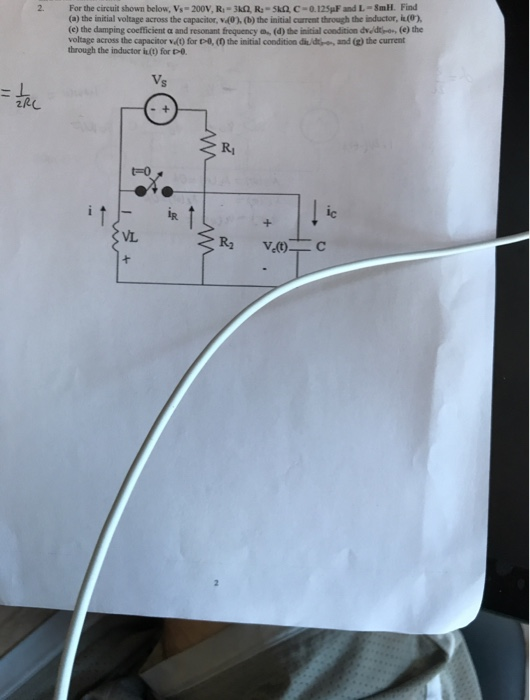 For the circuit shown below, Vs-200V, R-30, R.-50. C -0.125pF and L-SmH. Find (a) the initial voltage across the capacitor 20