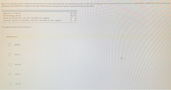 Easton Co. deposits al cash receipts on the day they are received and makes all cashm ents by check Al the close of business