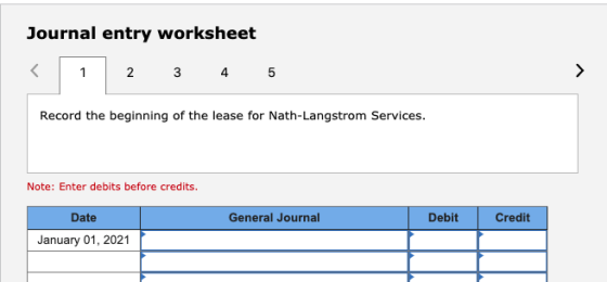 Journal entry worksheet 2 3 4 5 Record the beginning of the lease for Nath-Langstrom Services. Note: Enter debits before cred