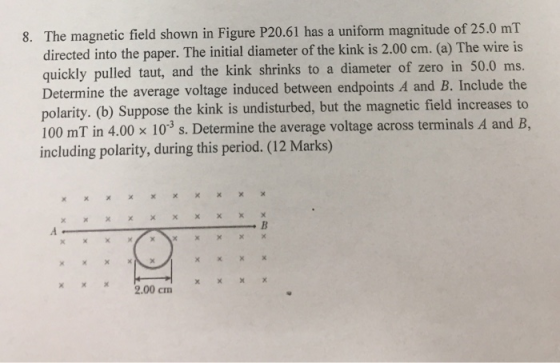 8. The magnetic field shown in Figure P20.61 has a uniform magnitude of 25.0 mT directed into the paper. The initial diameter of the kink is 2.00 cm. (a) The wire is quickly pulled taut, and the kink shrinks to a diameter of zero in 50.0 ms. Determine the average voltage induced between endpoints A and B. Include the polarity. 100 mT in 4.00 x 10 s. Determine the average voltage across terminals A and B, including polarity, during this period. (12 Marks) (b) Suppose the kink is undisturbed, but the magnetic field increases to xXXx 2.00 сп