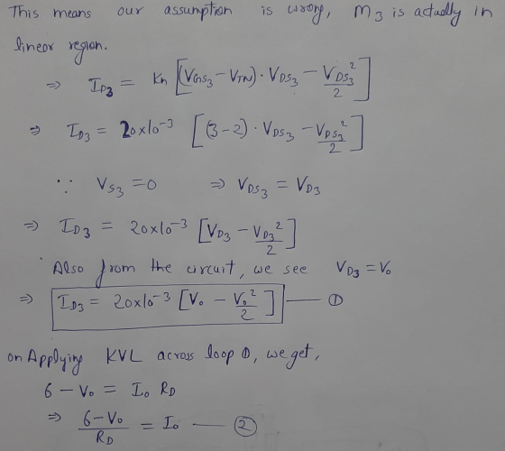 This means 2 2 2 L To3 = 20x10-3 our assumption is wrong, M3 is actually in linear region. kn (VGsz-VN) - Vosz-Vos Ipg [13-2)
