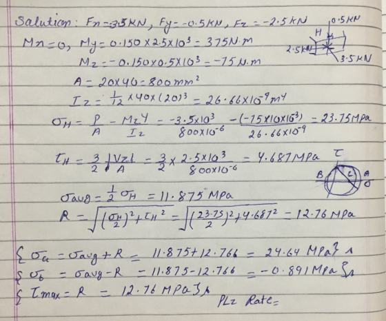 05 RN 13.5KN Salution : Fn=3.5 KN, Fy--0.5KN, F2 = -2.5kN Mano, My-0.150 X 2.5X103 - 3751.m M2--0.15040-5X103 - -150.m A-20x4