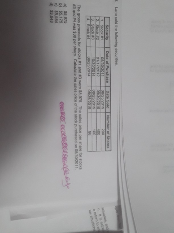 2. Lana sold the following securities. oper Security 1. Stock #1 2. Stock #2 3. Stock #3 4. Stock #4 Date of Purchase 05/30/2