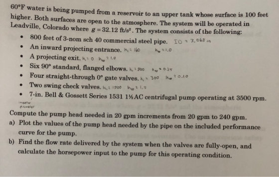 water is being pumped from a reservoir to an upper tank whose surface is 100 feet nigher. Both surfaces are open to the atmos
