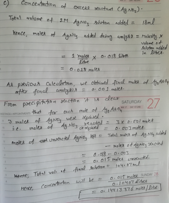 WR 1 DAY 116-249 c.) Concentration of excess reactant CAG NO). - Total volume of GM Agno, solution added = 18ml Hence, moles