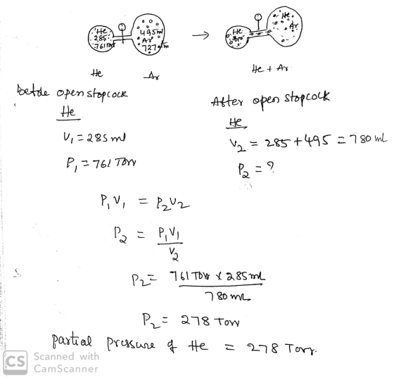 Heo 1.289 761 root He + Ar Ar betole He open stop cock He 1,=285 me P, =761 Tom After open stopcock He 2 = 285+495=750 ml Pa