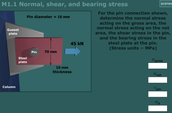 scenes M1.1 Normal, shear, and bearing stress For the pin connection shown, Pin diameter = 16 mm determine the normal stress