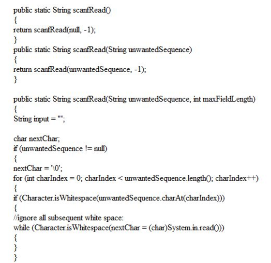 public static String scanfRead return scanfRead(null, -1) public static String scanfRead(String unwantedSequence) return scan