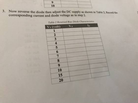 10 3. Now reverse the diode then adjust the DC supply as shown in Table 2, Record the corresponding current and diode voltage