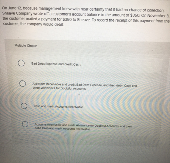 On June 12, because management knew with near certainty that it had no chance of collection, Sheave Company wrote off a custo