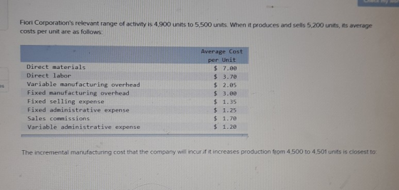 Fiori Corporations relevant range of activity is 4,900 units to 5,500 units. When it produces and sells 5.200 units, its average costs per unit are as follows Average Cost per Unit Direct materials Direct labor Variable manufacturing overhead Fixed manufacturing overhead Fixed selling expense Fixed administrative expense Sales commissions Variable administrative expense $ 7.00 $ 3.70 $ 2.05 $ 3.00 $ 1.35 $ 1.25 1.70 s 1.20 The incremental manufacturing cost that the company will incur if it increases production from 4,500 to 4,501 units is closest to