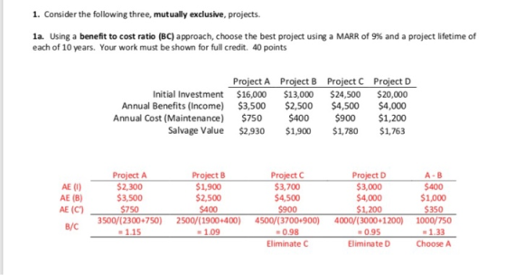 1. Consider the following three, mutually exclusive, projects. 1a. Using a benefit to cost ratio (BC) approach, choose the be