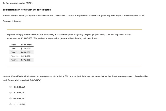 1. Net present value (NPV) Evaluating cash flows with the NPV method The net present value (NPV) rule is considered one of th