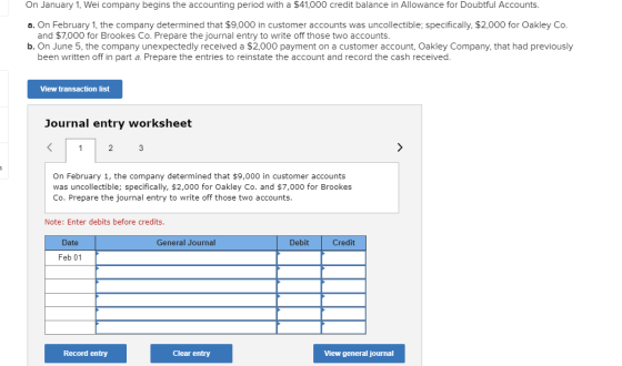 On January 1, Wei company begins the accounting period with a $41,000 credit balance in Allowance for Doubtful Accounts. a. O