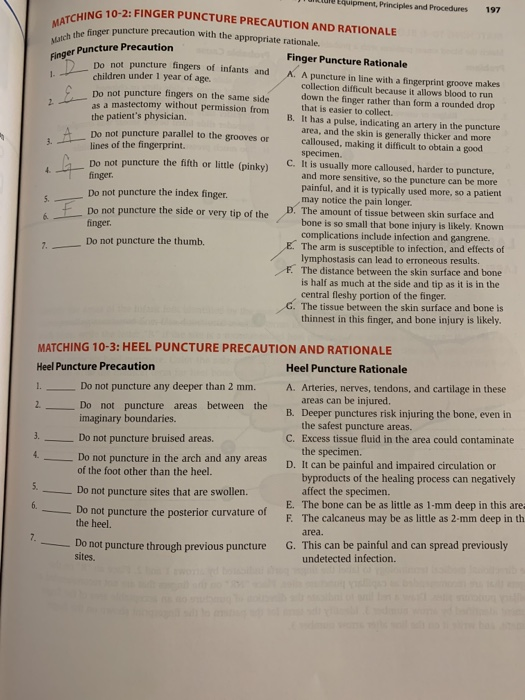MATCHING 10-2: Match the finger pu singer Puncture Precaution JULIO Guipment, Principles and Procedures 197 10-2: FINGER PUNC