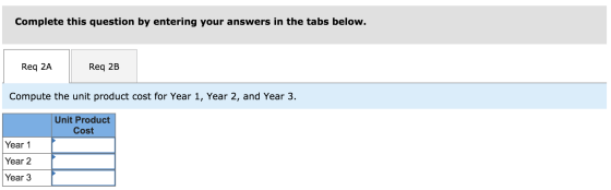 Complete this question by entering your answers in the tabs below. Req 2A Req 2B Compute the unit product cost for Year 1, Ye