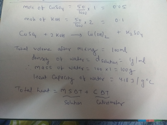 mo 0.05 1000 TO + 2 Kon mole of cusoy - 50x1=005 mole of KoH = 50x2 = 0.1 Cusou + 2 kon Culona & K2504 Total volume after mix