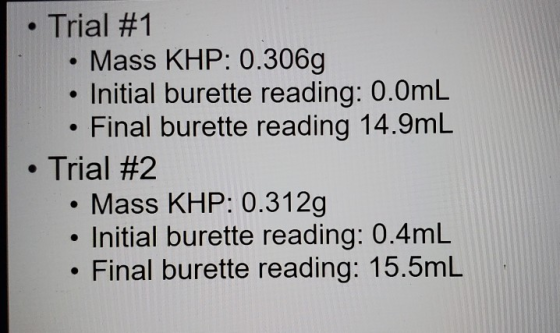 • Trial #1 • Mass KHP: 0.3063 • Initial burette reading: 0.0mL • Final burette reading 14.9mL • Trial #2 • Mass KHP: 0.312g •