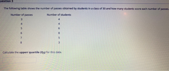 uestion 3 The following table shows the number of passes obtained by students in a class of 30 and how many students score ea