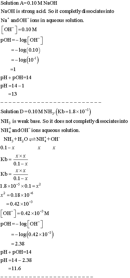 Solution A 0.10MNaOFH NaOH is strong acid. So it completly di ssociates into Na andOH ions in aqueous solution. [our]-0.10M p