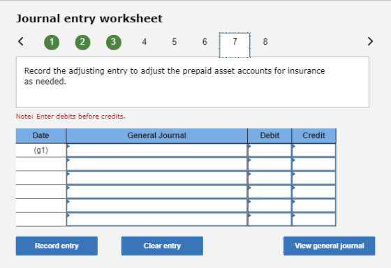 Journal entry worksheet < 0 2 3 4 5 6 7 8 Record the adjusting entry to adjust the prepaid asset accounts for insurance as ne