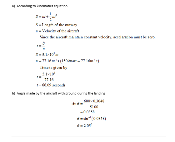 a) According to kinematics equation S =ut+ - ar S =Length of the runway u =Velocity of the aircraft Since the aircraft mainta