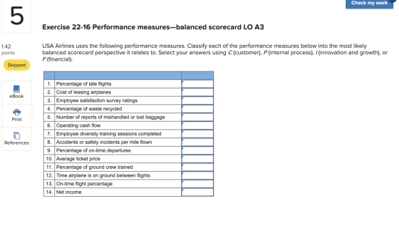 Check my work 5 Exercise 22-16 Performance measures-balanced scorecard LO A3 1.42 points USA Airlines uses the following perf