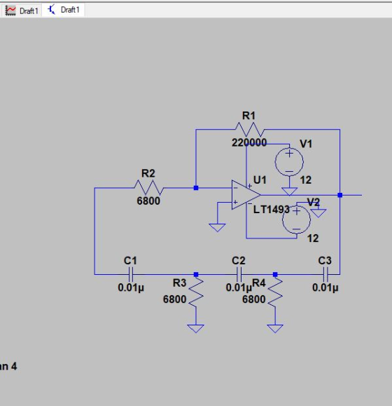 Draft1 Draft1 time R1 220000 V1 R2 U1 12 6800 + V2 LT1493 12 C1 C2 C3 0.014 R3 6800 0.014R4 0.014 6800 an 4