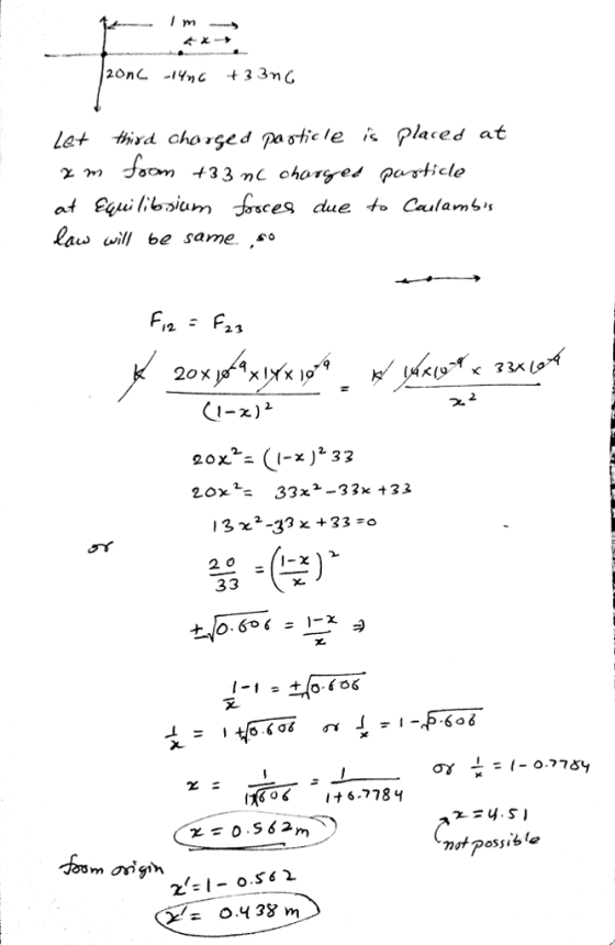 Let fird chared pa stele Placed at χm Jonn -t33mC charged particle a vill be same. so 2. 3 2. 2 20x- 33x*-33x +33 2 O /2 0.438 m