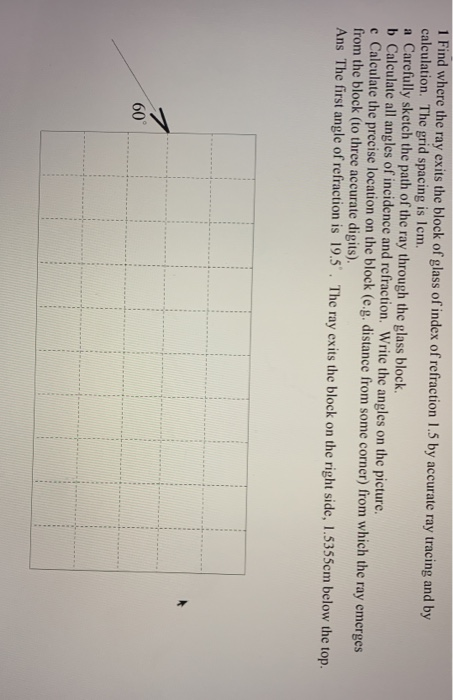 1 Find where the ray exits the block of glass of index of refraction 1.5 by accurate ray tracing and by calculation. The grid