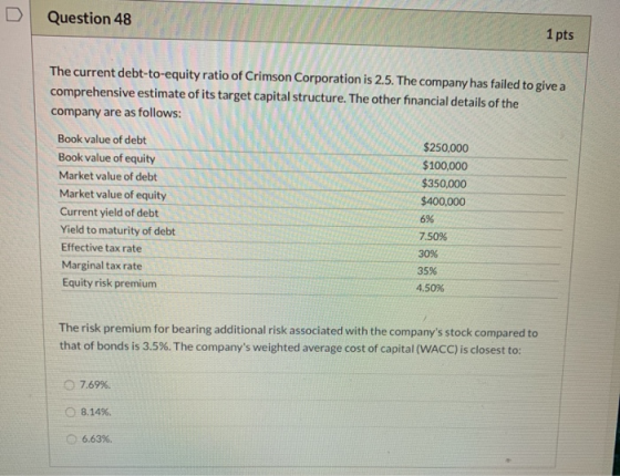 Question 48 1 pts The current debt-to-equity ratio of Crimson Corporation is 2.5. The company has failed to give a comprehens
