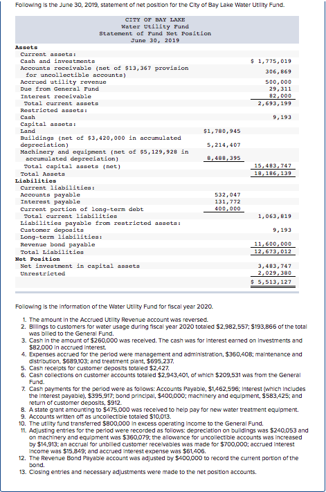 Following is the June 30, 2019, statement of net position for the City of Bay Lake Water Utility Fund. CITY OF BAAY LARE Water Utility Fund Statenent of Fund Net Position June 30, 2019 Cash and investments Accounts receivable (net of $13,367 provision $1,775,019 for uncollectible accounts) Accrued utility revenue Due fron General Fund Interent receivable 306, 869 500,000 29,311 82,000 2, 693,199 Total current assets Restricted asseta 9,193 Capital assets Buildings net of $3,420,000 in aceumulated depreciation) Machinery and equipment (net of $5,129, 928 in $1,780,945 5,214,407 B,488,395 accumulated depreciation) Total capital assets (net) Total Assets 15,483,747 18,186,139 Liabi1ities Current liabilities Accounts Interest payable Current portion of long-term debt 532,047 131,772 400,000 payable Total current liabilities Liabilities payable from restricted assets Customer deposits Long-term liabilities1 Revenue bond payable Total Liabilities 1,063, 819 9,193 11,600,000 2,673,012 Net Position Net investment in capital assets Unrestricted 3,483,747 2,029,380 $5,513,127 Following is the information of the Water Utility Fund for fiscal year 2020. 1 The amount in the Accrued Utlity Revenue account was reversed. 2. Billings to customers for water usage during fiscal year 2020 totaled $2,982,557; $193,866 of the total was biled to the General Fund. 3. Cash In the amount of $260,000 was received. The cash was for interest earned on investments and $82,000 in accrued Interest. 4. Expenses accrued for the period were management and administration, $360,40B; maintenance and distribution, $689,103; and treatment plant, $695,237. 5. Cash receipts for customer deposits totaled $2,427. 6. Cash collections on customer accounts totaled $2,943,401, of which $209,531 was from the General 7 Cash payments for the period were as follows: Accounts Payable, $1,462,596; Interest(which Includes the Interest payable), $395,917 bond princlpal, $400,000; machinery and equipment, $583,425, and return of customer deposits, $912. B. A state grant amounting to $475,000 was recelved to help pay for new water treatment equlpment. 9. Accounts written off as uncollectible totaled $10,013. 0. The utlity fund transterred $800,000 in excess operating income to the General Fund. 11. Adjusting entries for the period were recorded as follows: depreclation on buildings was $240,053 and on machinery and equipment was $360,079; the allowance for uncollectible accounts was increased by $14,913; an accrual tor unbilled customer recelvables was made for $700,000; accrued interest ncome was $15,849; and accrued Interest expense was $61,406. 12. The Revenue Bond Payable account was adjusted by $400,000 to record the current portion of the 13. Closing entries and necessary adjustments were made to the net position accounts.