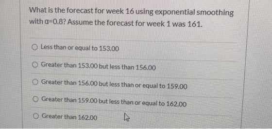 What is the forecast for week 16 using exponential smoothing with a 0.8? Assume the forecast for week 1 was 161. O Less than
