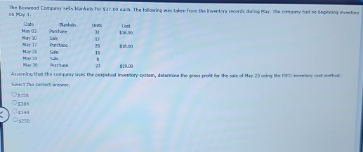 The Boxwood Company els ankets for $37.00 each. The following was taken from the inventory records during May. The company ha