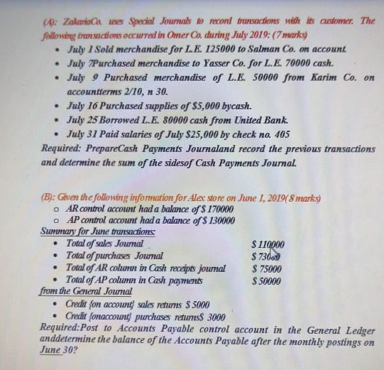 (4): Zakaria un Special Journals to record transactions with its customer. The following transactions occurred in Omer Co. du