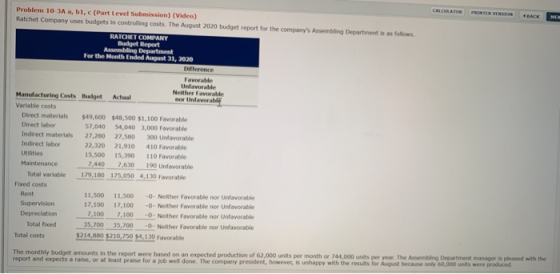 CALOURATOR PRINTER VERSION BACK NE Problem 10-3A a, b1, c (Part Level Submission) (Video) Ratchet Company uses budgets in con