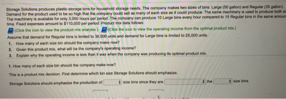 Storage Solutions produces plastic storage bins for household storage needs. The company makes two sizes of bins: Large (50 g