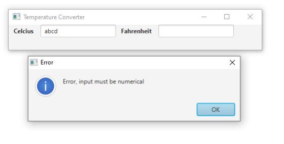 Temperature Converter Celcius abcd Fahrenheit Error X Error input must be numerical .- OK