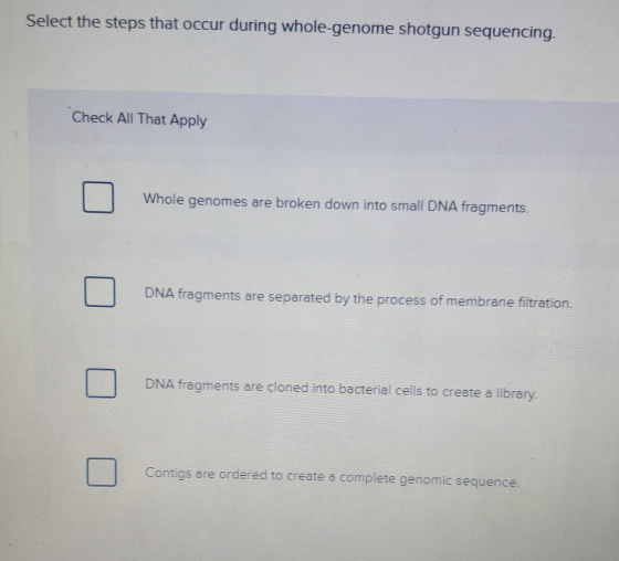 Select the steps that occur during whole-genome shotgun sequencing. Check All That Apply Whole genomes are broken down into s