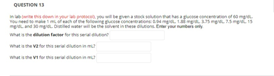QUESTION 13 In lab (write this down in your lab protocol), you will be given a stock solution that has a glucose concentratio