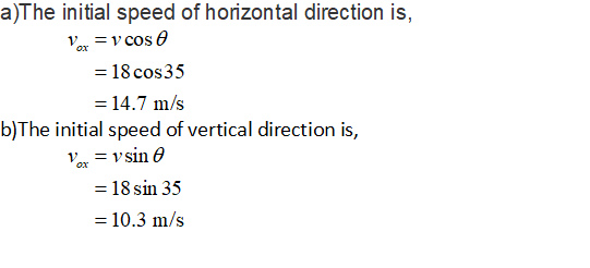 a)The initial speed of horizontal direction is, -18cos35 14.7 m/s b)The initial speed of vertical direction is, - 18 sin 35 10.3 m/s
