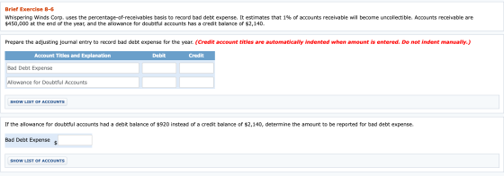 Brief Exercise 8-6 Whispering Winds Corp. uses the percentage-of-receivables basis to record bad debt expense. It estimates t