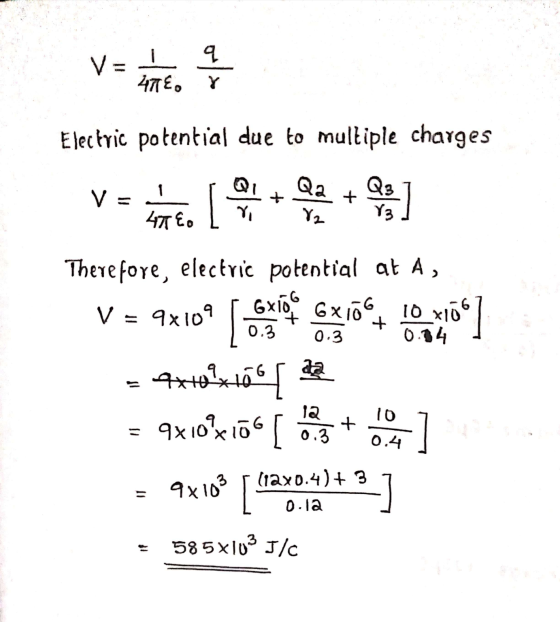 V= دامن ATE, r Electric potential due to multiple charges Qa + Q3] 1 + VE 47Eo ri X2 Therefore, electric potential at A, V Gx