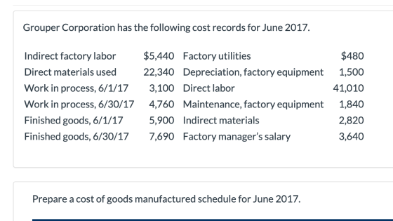 Grouper Corporation has the following cost records for June 2017. Indirect factory labor Direct materials used Work in proces