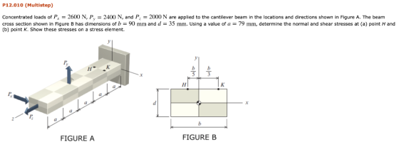 P12.010 (Multistep) Concentrated loads of Pr = 2600 N, Pv-2400 N, and P. = 2000 N are applied to the cantilever beam in the l