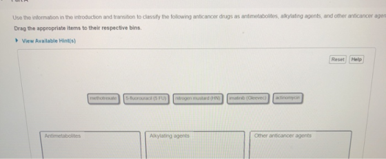Use the information in the introduction and transition to classify the following anticancer drugs as antimetabolitos, alkylat