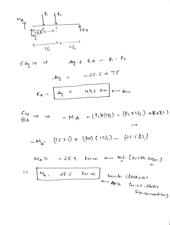 Pi Pr MA TRA Parol 42 나 Po - Pr 7 Sfyzo Ay + RA -25.5+75 Ay . & Ans. RA 49.5 KN Ay EM >> @A - MA-11, 1X143) - (83 x 42) +RAXL