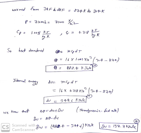 warmed From 34 F to SSF = 274K to 30k P = 710mb= 71000 m2 Cp = 1.005 16 = 6.7.180 So heat strandoned Bila mcp dT fp = 16 X 1.